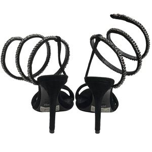 new Schutz 𖦹 Monya Snake Coil Wrap Stilettos Sandals Heels 𖦹 Black Suede 𖦹 7M